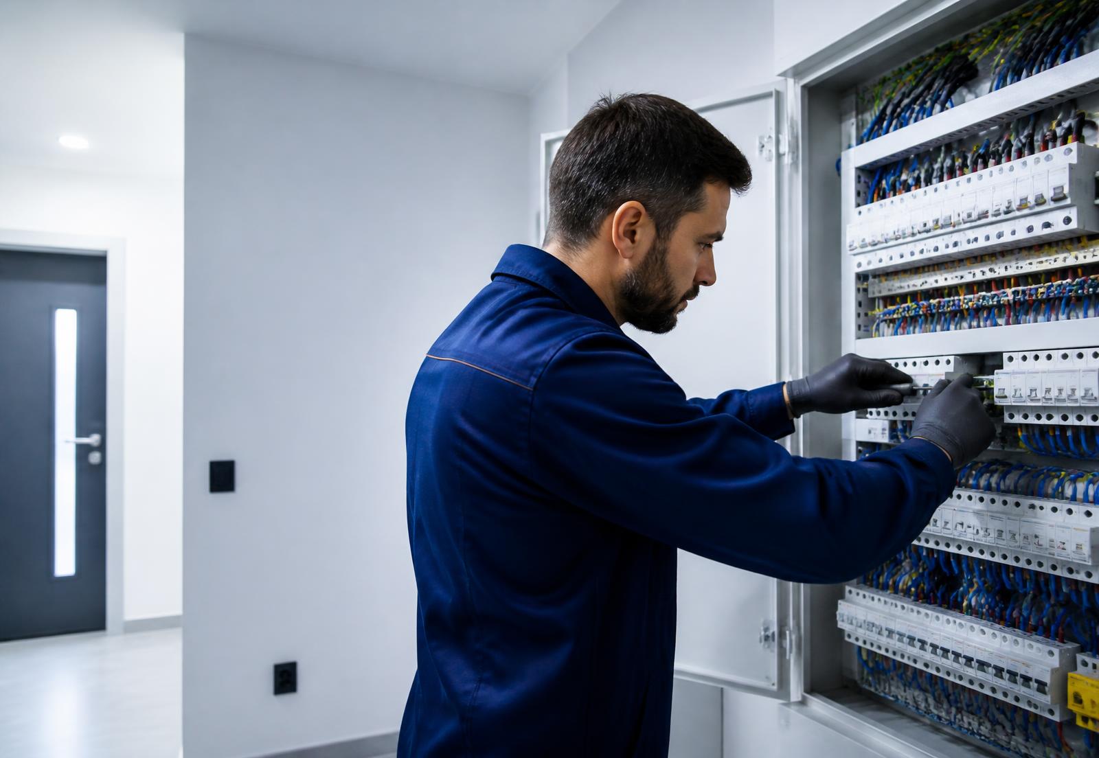 Técnico de ELECTROLIMA trabajando en una instalación eléctrica en Madrid